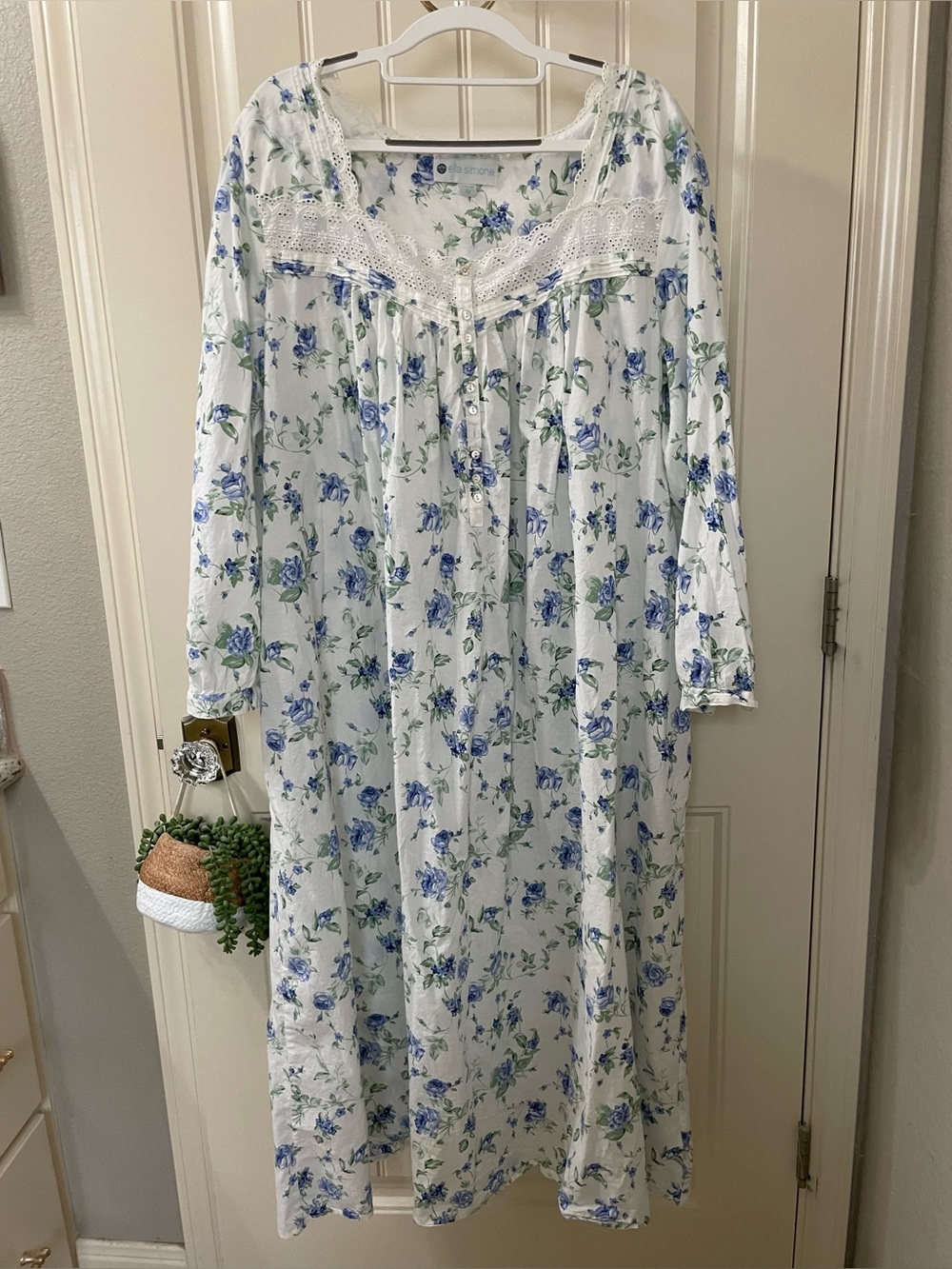 White Floral Long Nightgown with Blue Rose Print